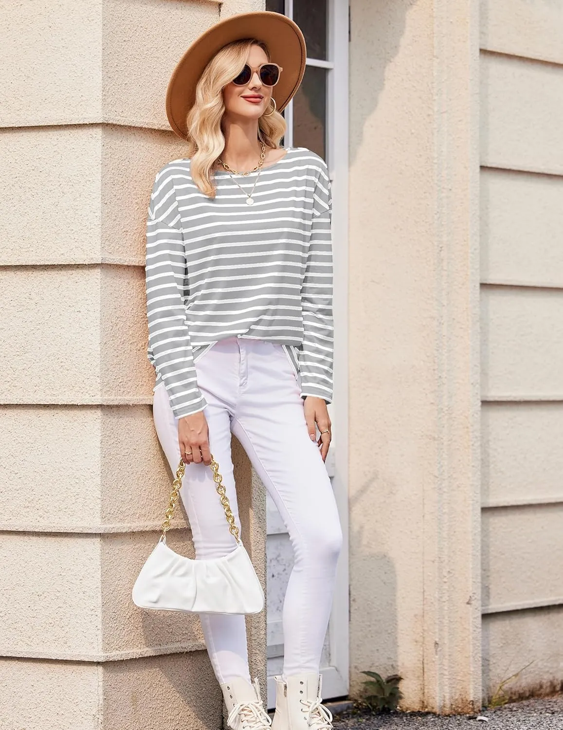 Womens Striped Shirt Long Sleeve Tops Trendy Drop Shoulder Boat Neck Going Out Tops Loose Fit Casual Shirts