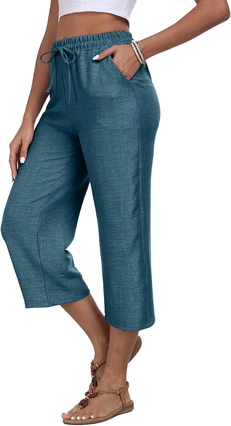 Womens Summer Capri Pants Wide Leg Elastic Waist Casual Business Pants Loose Work Lounge Trousers with Pockets