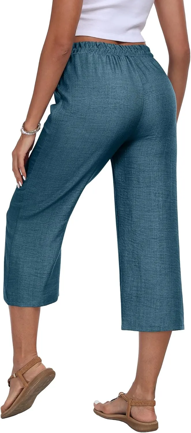 Womens Summer Capri Pants Wide Leg Elastic Waist Casual Business Pants Loose Work Lounge Trousers with Pockets