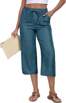 Womens Summer Capri Pants Wide Leg Elastic Waist Casual Business Pants Loose Work Lounge Trousers with Pockets