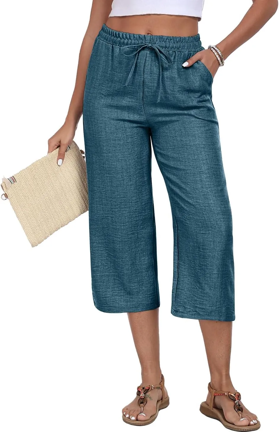 Womens Summer Capri Pants Wide Leg Elastic Waist Casual Business Pants Loose Work Lounge Trousers with Pockets