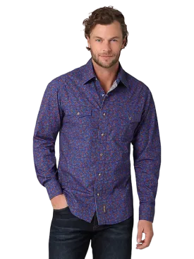 Wrangler Men's Retro Premium Long Sleeve Western Snap Printed Purple Blue Shirt