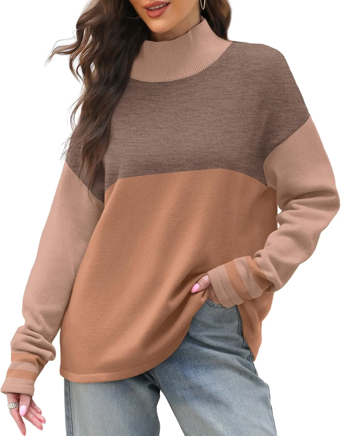 XIEERDUO Fall Sweaters for Women 2024 Turtleneck Oversized Batwing Long Sleeve Knit Pullover Plain/Color Block