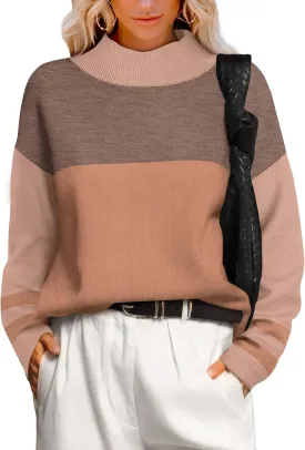 XIEERDUO Fall Sweaters for Women 2024 Turtleneck Oversized Batwing Long Sleeve Knit Pullover Plain/Color Block