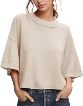 ZDC Women's Oversized Sweaters Summer 3/4 Sleeve Casual Cropped Tops Lightweight Loose Fit Knit Pullover
