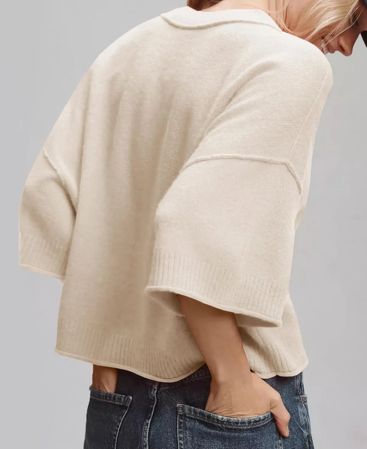 ZDC Women's Oversized Sweaters Summer 3/4 Sleeve Casual Cropped Tops Lightweight Loose Fit Knit Pullover
